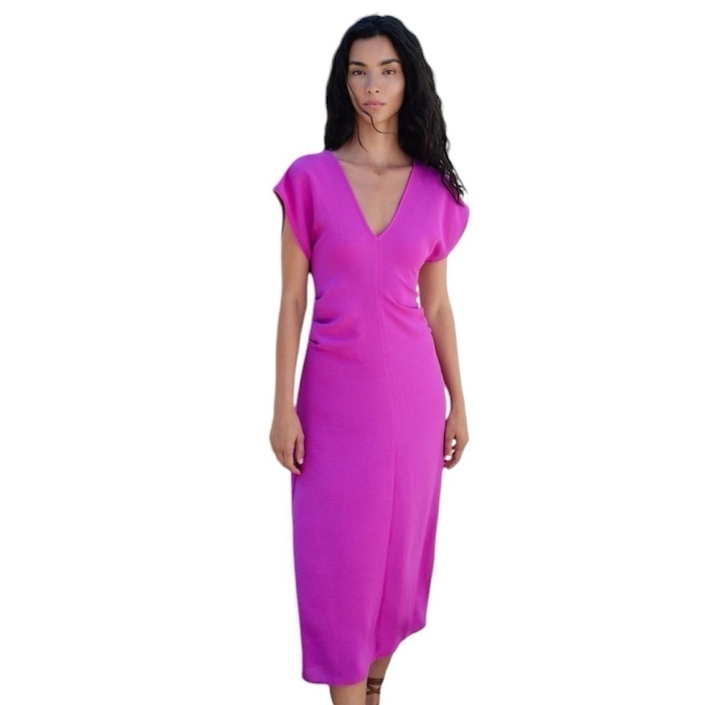 New ZARA Flowy Gathered Sleeveless V-neck Dress